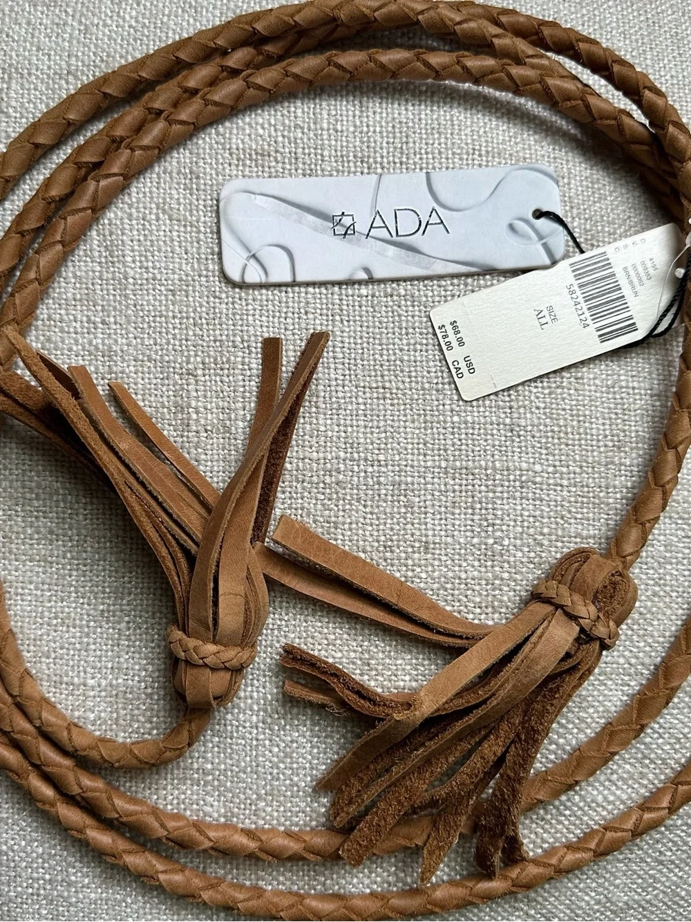 Anthropologie ADA Braided Tassel Leather Belt in Cognac Brown
